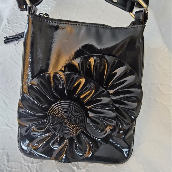 Cato Black Patent Vegan Leather Crossbody Bag with Floral Design(B9) - Picture 1 of 7